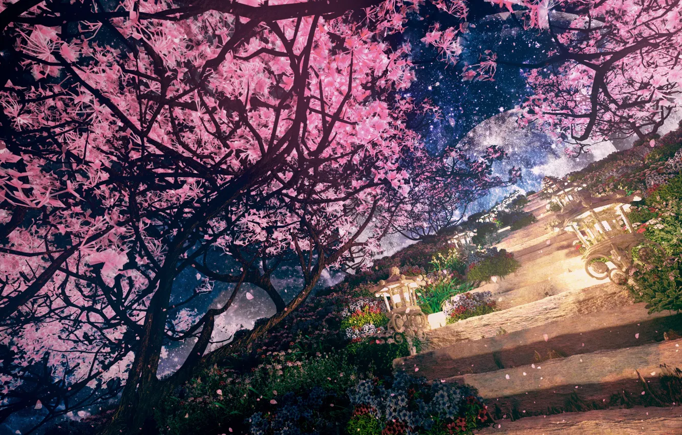 Фото обои ночь, весна, сад, сакура, ступеньки, нео, by K&P