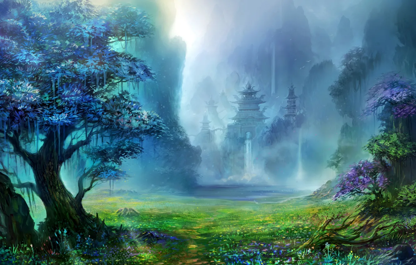 Фото обои трава, горы, Лес, храм, водопады