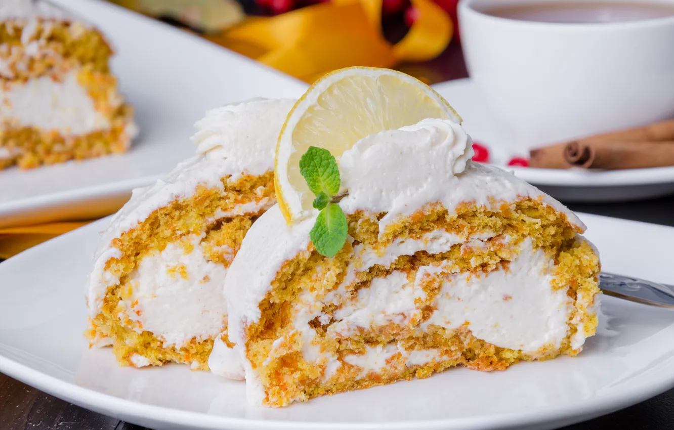 Фото обои лимон, чай, крем, выпечка