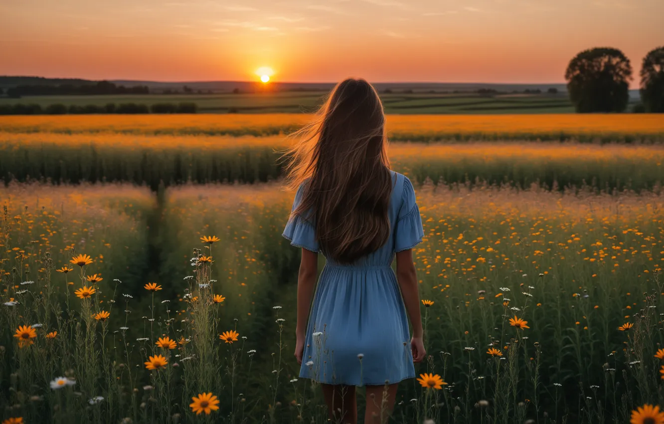 Фото обои поле, солнце, пейзаж, закат, цветы, женщина, field, landscape