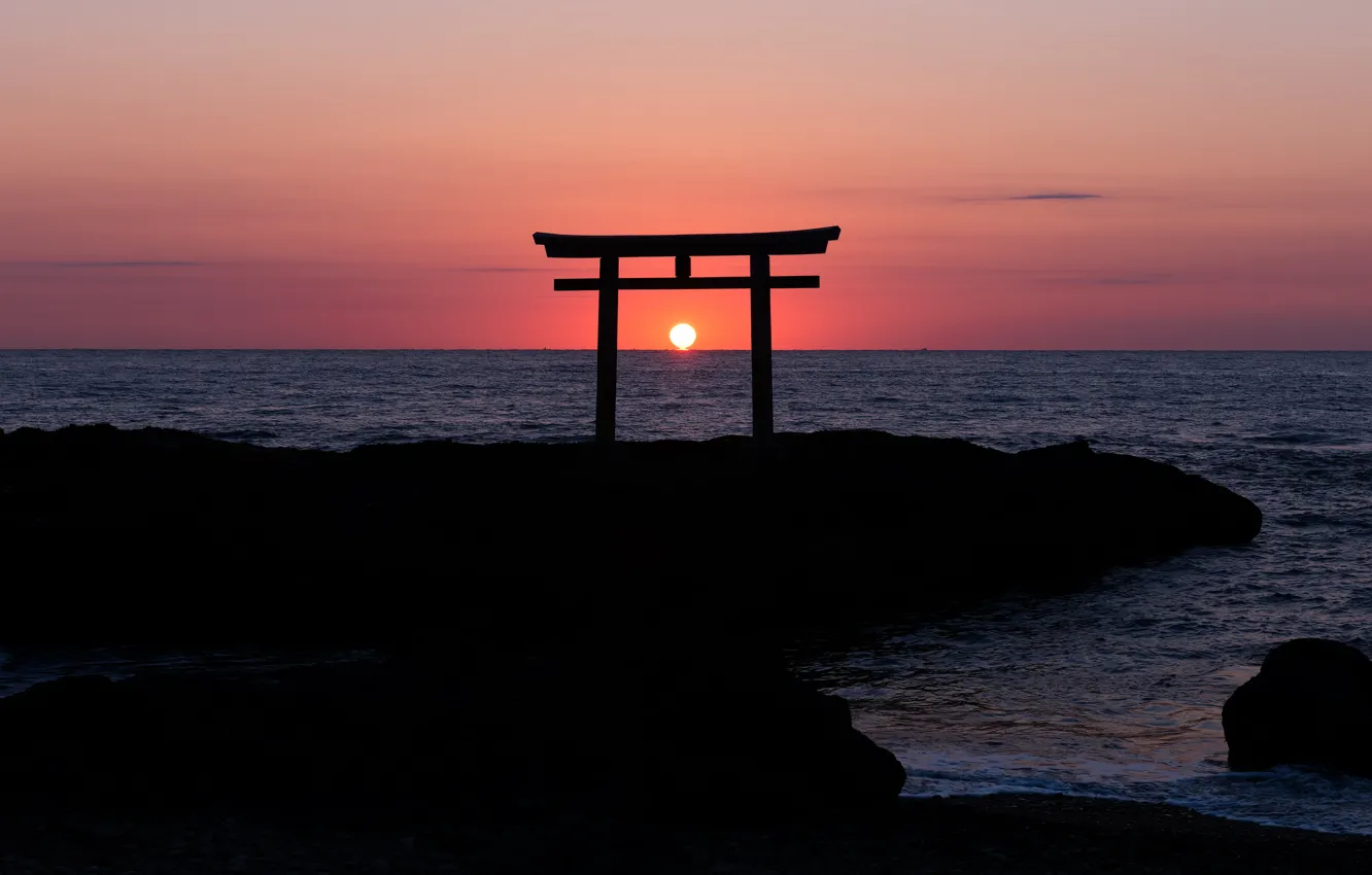 Фото обои небо, солнце, закат, океан, скалы, побережье, вечер, Япония