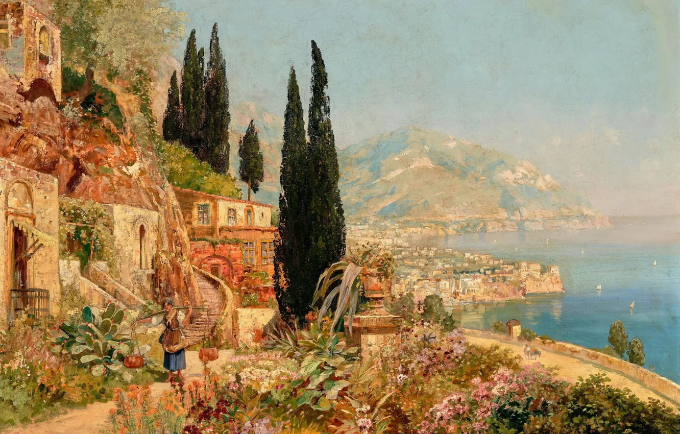 Фото обои Дома, Девушка, Деревья, Картина, Побережье, Alois Arnegger, Алоис Арнеггер, Австрийский живописец