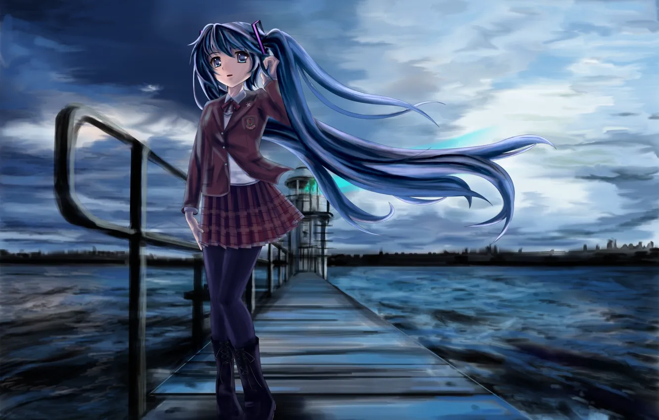 Фото обои холод, море, девушка, мост, мрак, маяк, vocaloid, hatsune miku