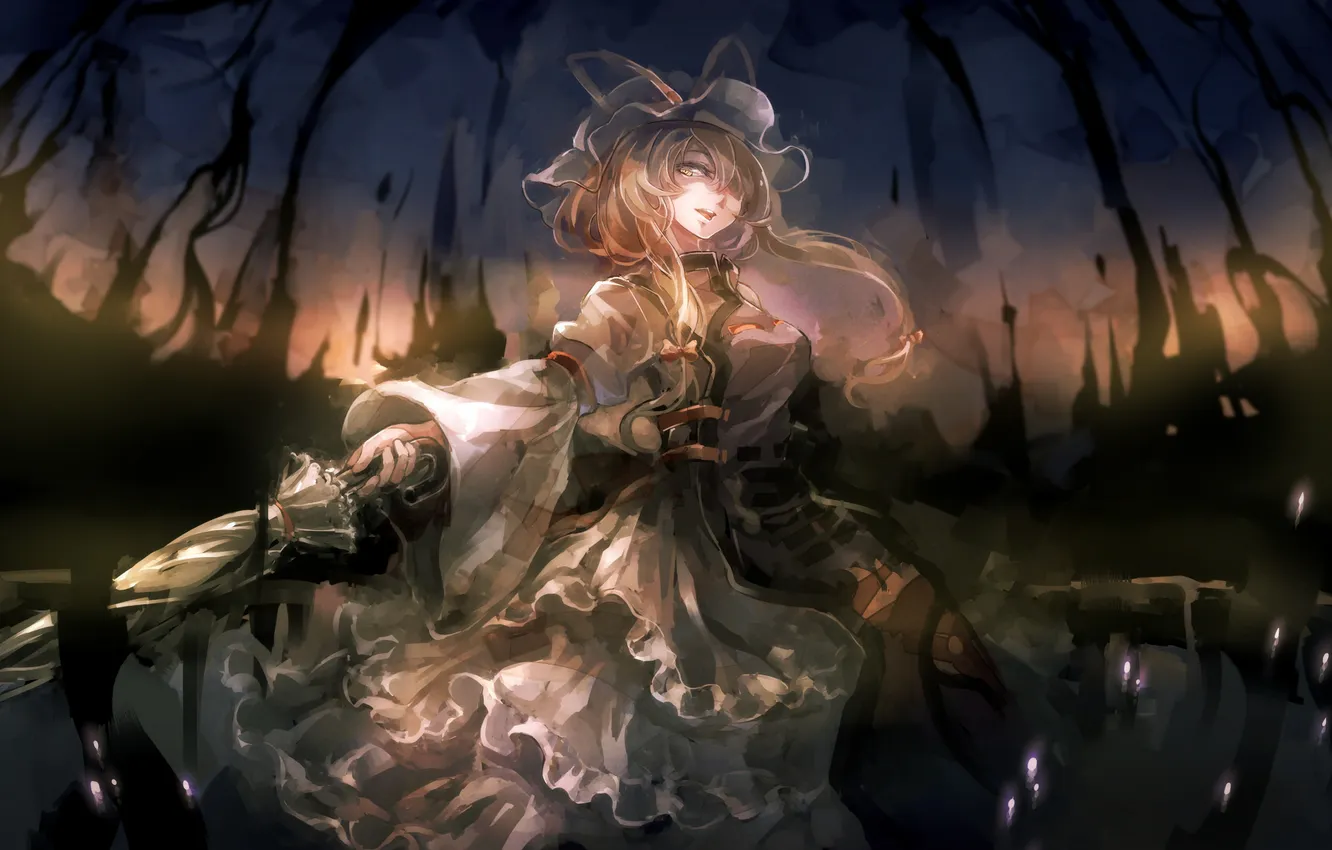 Фото обои девушка, магия, зонт, аниме, арт, чепчик, touhou, yakumo yukari