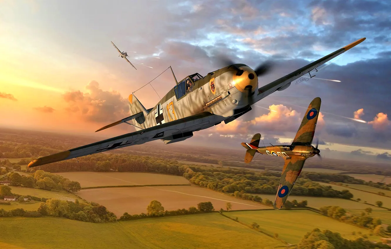 Фото обои Messerschmitt, Bf-109, 1940, WWII, Hawker Hurricane Mk.I, Bf.109E-4, 9./JG54