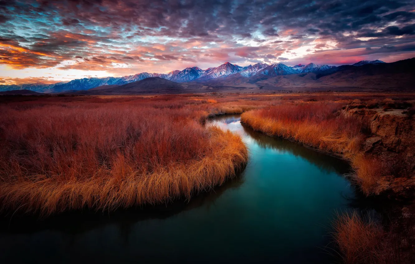 Фото обои горы, река, рассвет, california, sunrise, Owens River, Owens River Valley, Mt. Whitney