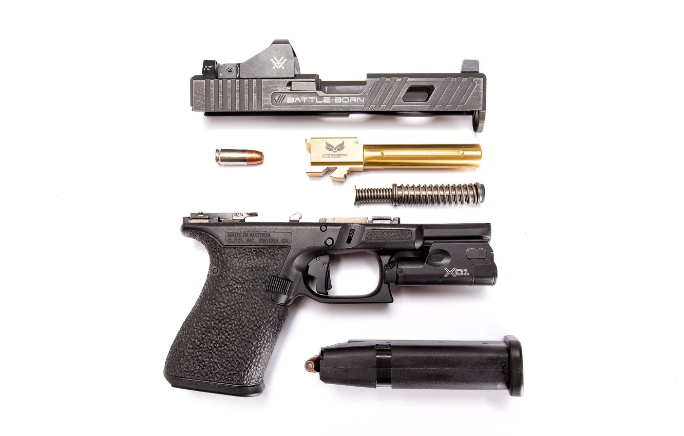 Фото обои пистолет, детали, Glock, разобранный
