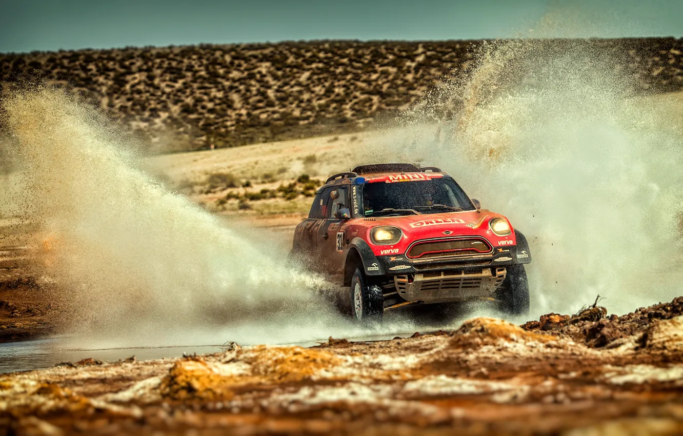 Фото обои Авто, Mini, Спорт, Скорость, Гонка, Брызги, Rally, Dakar