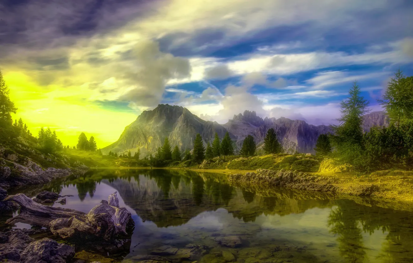 Фото обои небо, горы, озеро, краски