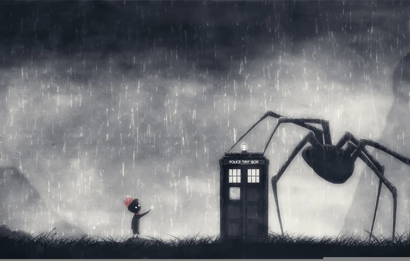 Фото обои паук, мальчик, дверь, арт, фонарь, Limbo