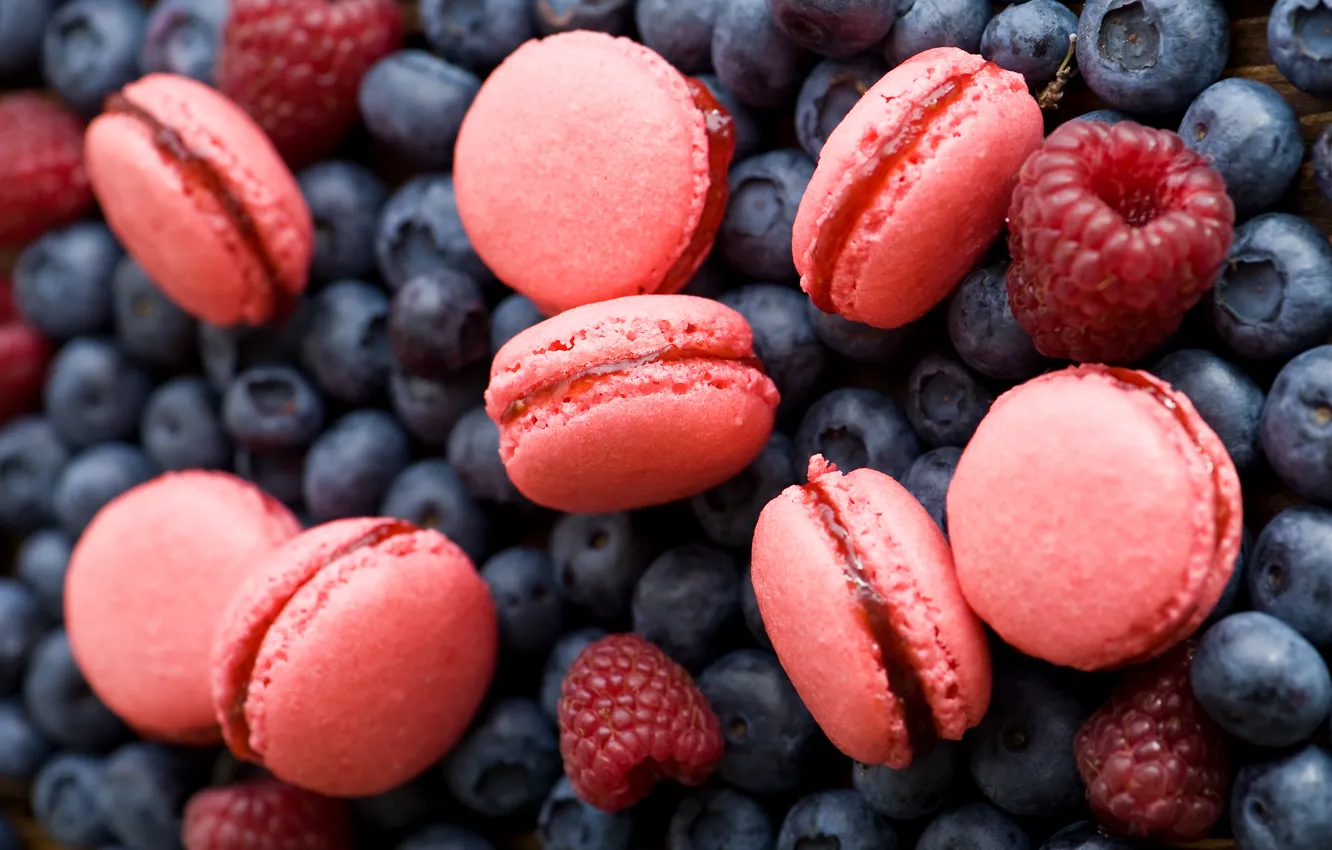 Фото обои ягоды, малина, печенье, черника, розовое, Anna Verdina, macaron, макарун