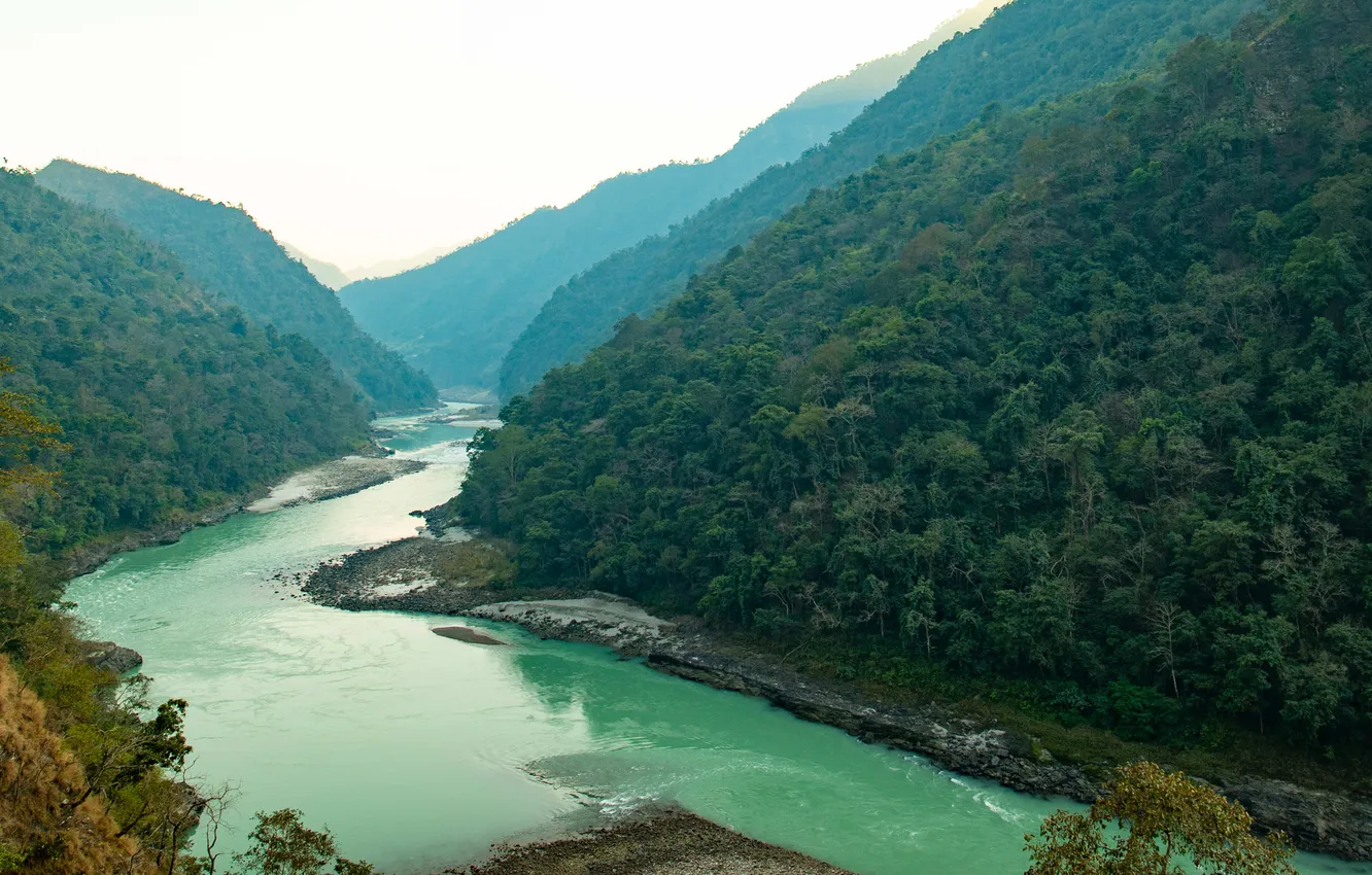 Фото обои river, water, mountains, view, india, aerial, ganga, rishikesh