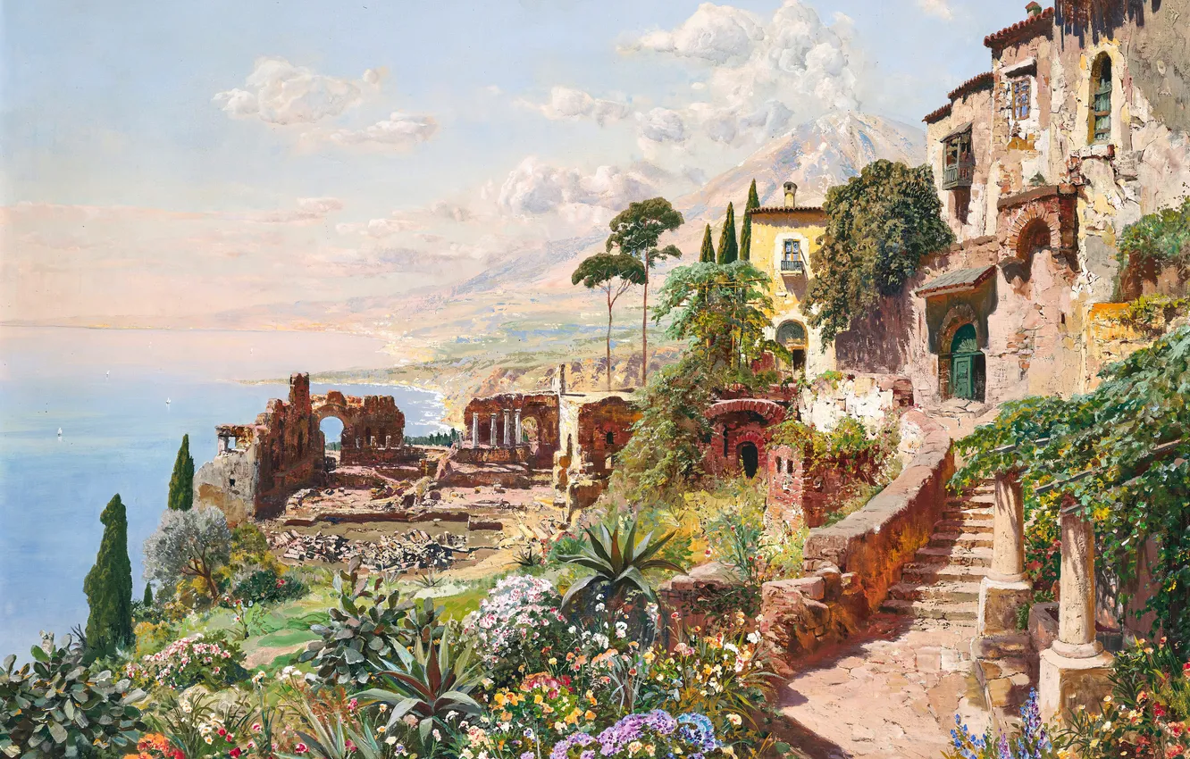 Фото обои Цветы, Дома, Горы, Деревья, Картина, Побережье, Alois Arnegger, Алоис Арнеггер