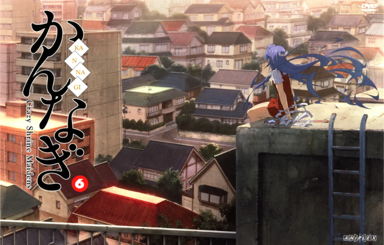 Фото обои дома, крыши, лестница, жезл, голубые волосы, art, nagi, богиня