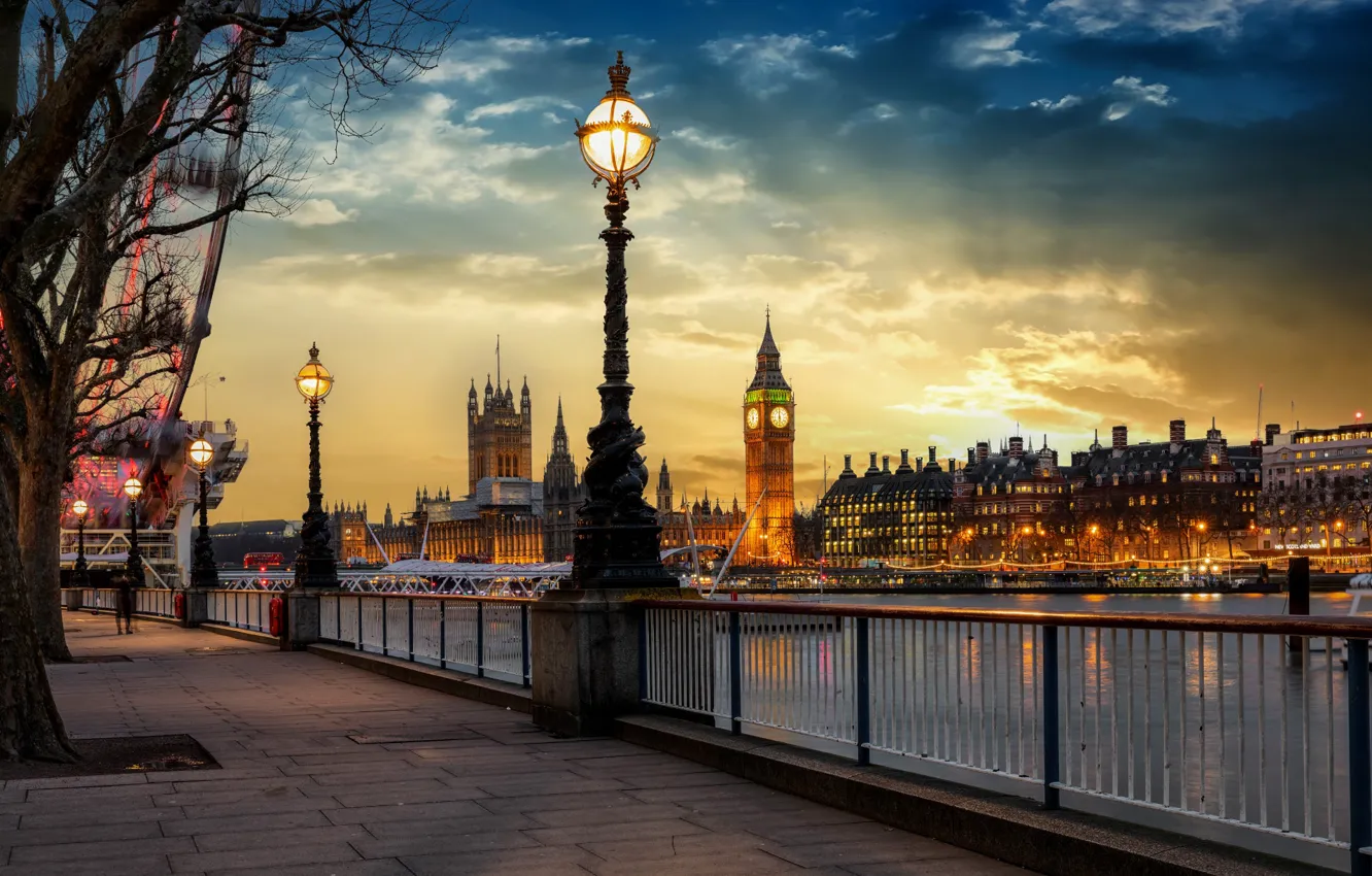 Фото обои небо, закат, Лондон, здания, вечер, фонари, Великобритания, Темза
