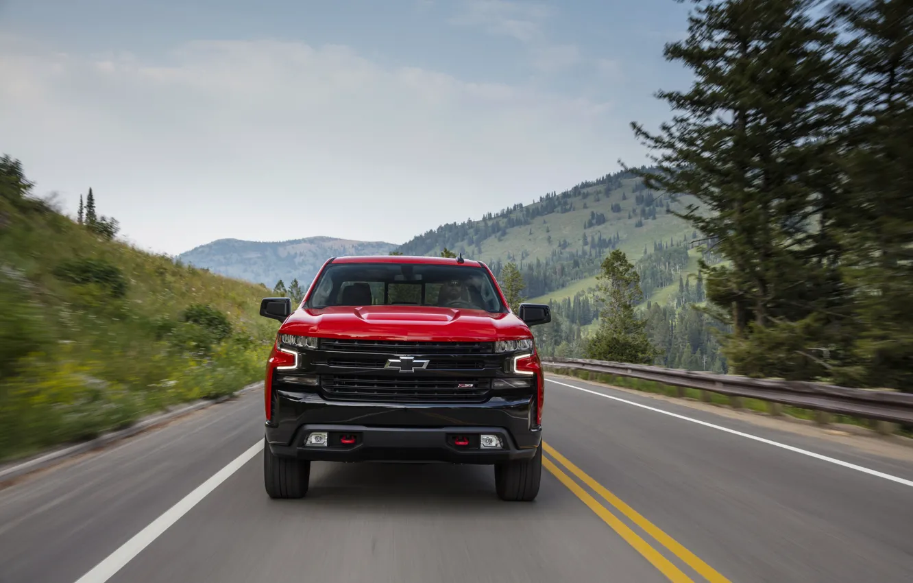 Фото обои красный, Chevrolet, вид спереди, пикап, Silverado, Z71, Trail Boss, 2019