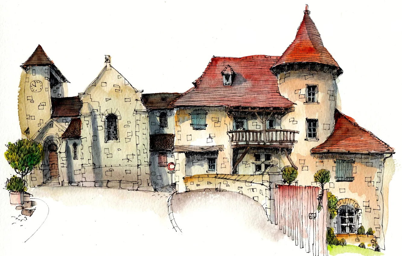 Фото обои город, дом, краски, рисунок, Франция, арт, Кюрмонт