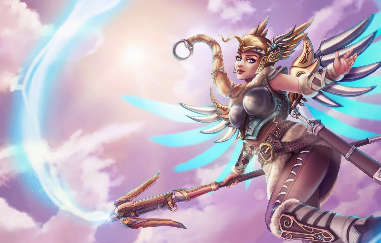 Фото обои небо, девушка, облака, крылья, богиня, fan art, Valkyrie, overwatch