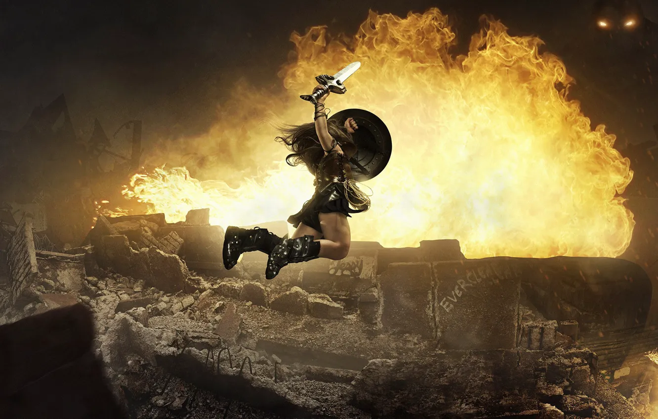 Фото обои cinema, fire, battlefield, flame, sword, Wonder Woman, monster, armor