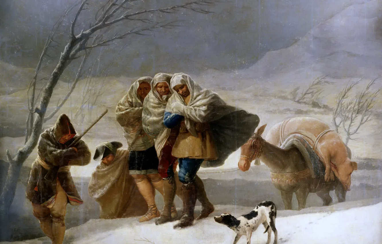 Фото обои животные, люди, Зима, картина, путники, жанровая, Франсиско Гойя, Вьюга