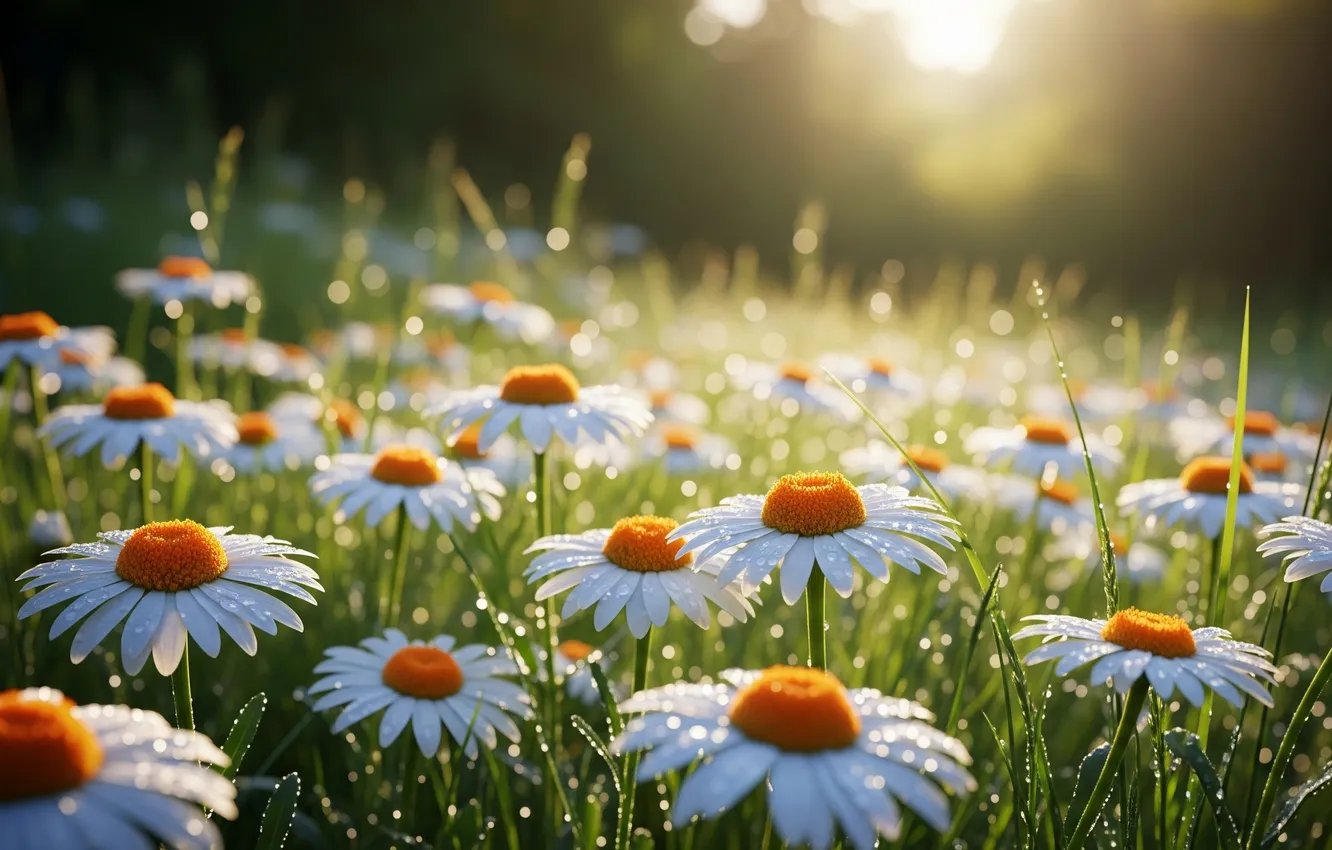 Фото обои лес, лето, роса, обои, ромашки, арт, wallpaper, summer