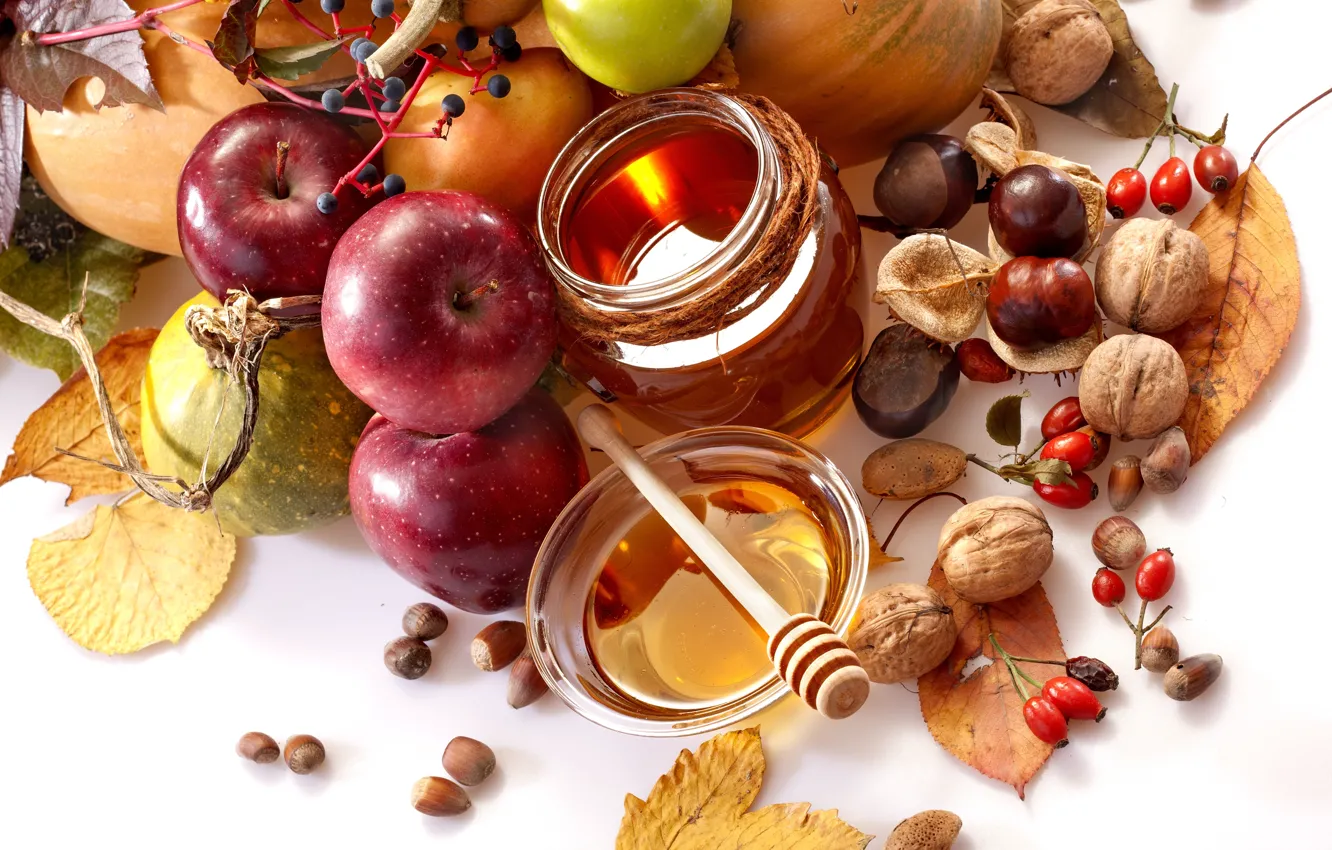 Фото обои осень, листья, яблоки, еда, мед, шиповник, ложка, фрукты