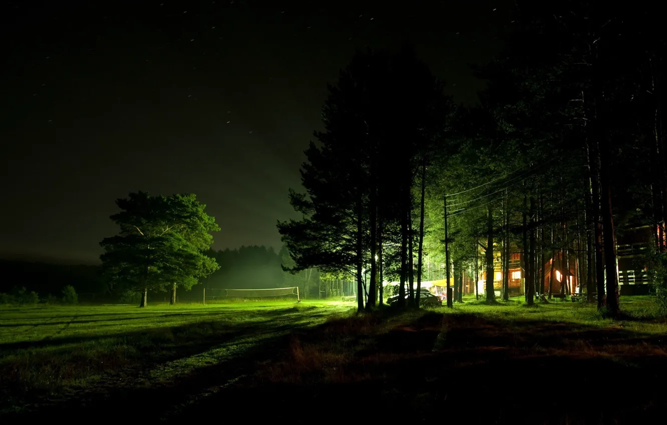 Фото обои свет, деревья, ночь, дом