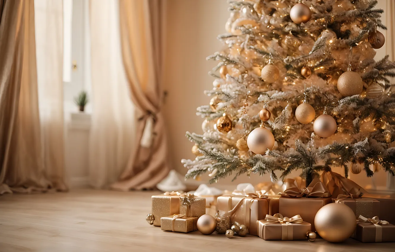 Фото обои украшения, комната, елка, интерьер, Рождество, подарки, Новый год, Christmas