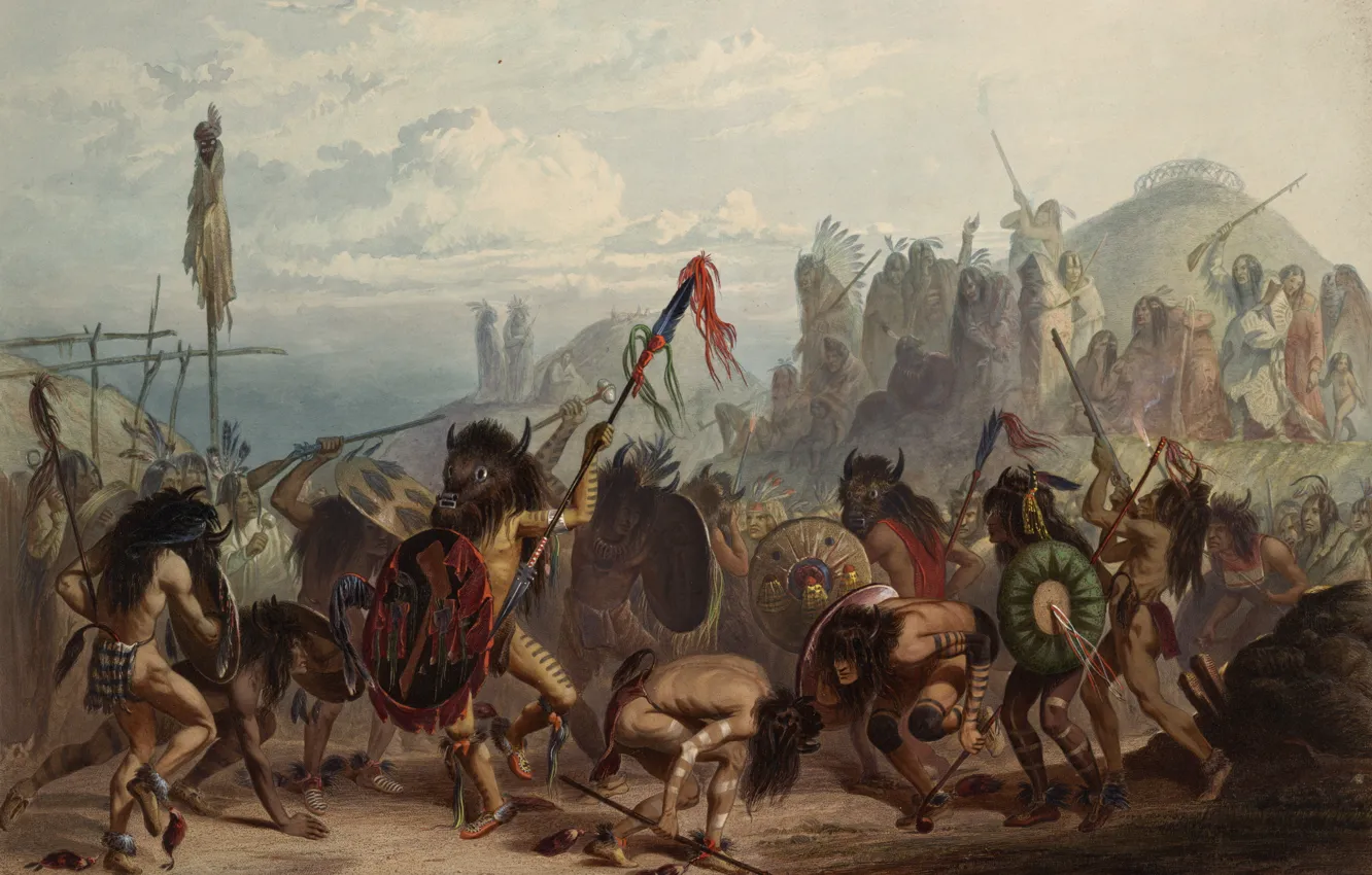 Фото обои картина, живопись, painting, Karl Bodmer, Bison dance of the Mandan indians, 1834, Бодмер