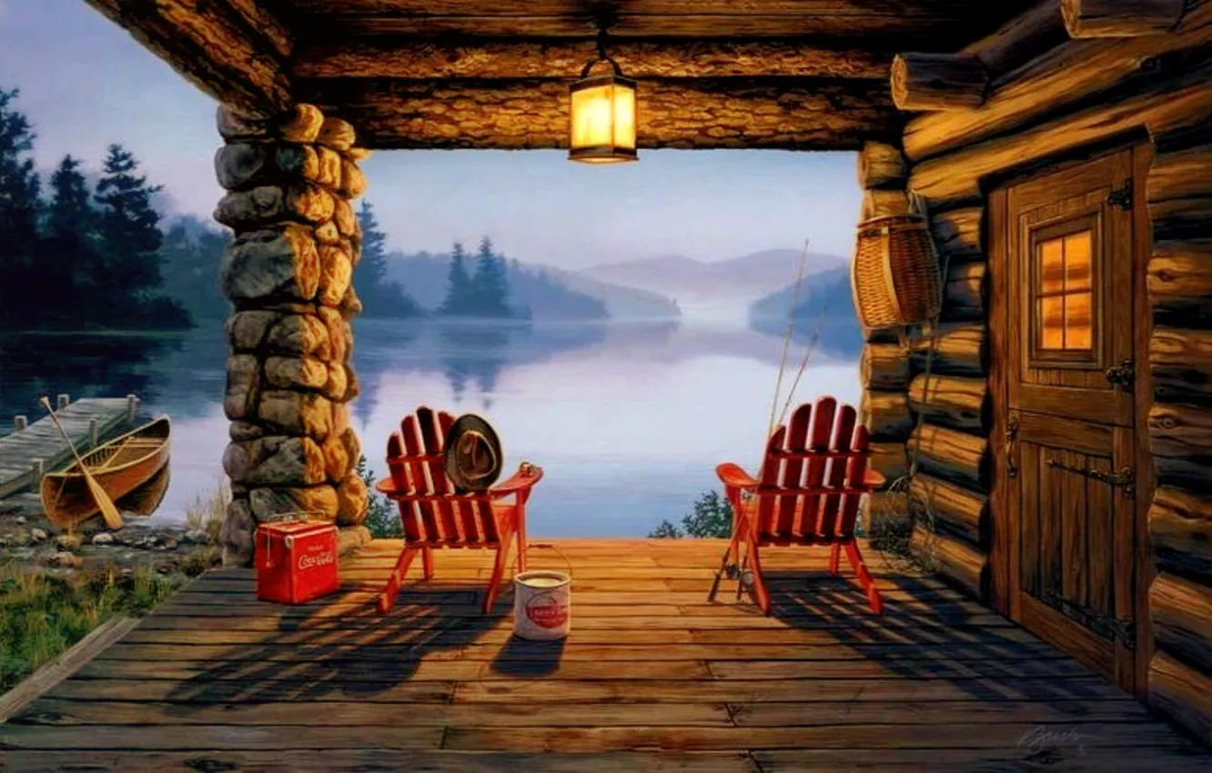 Фото обои горы, озеро, дом, лодка, картина, вечер, причал, живопись