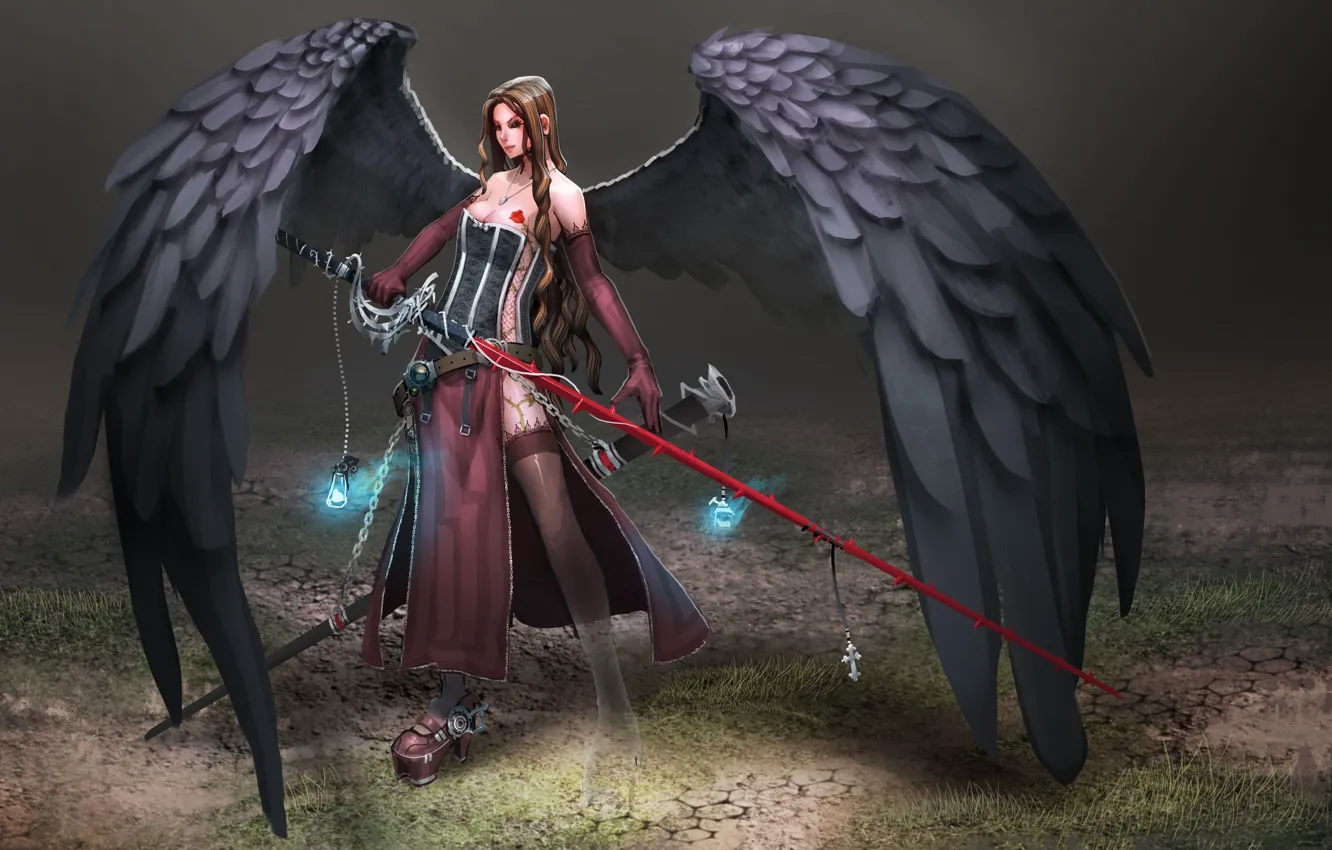 Фото обои девушка, крылья, ангел, меч, чёрные крылья