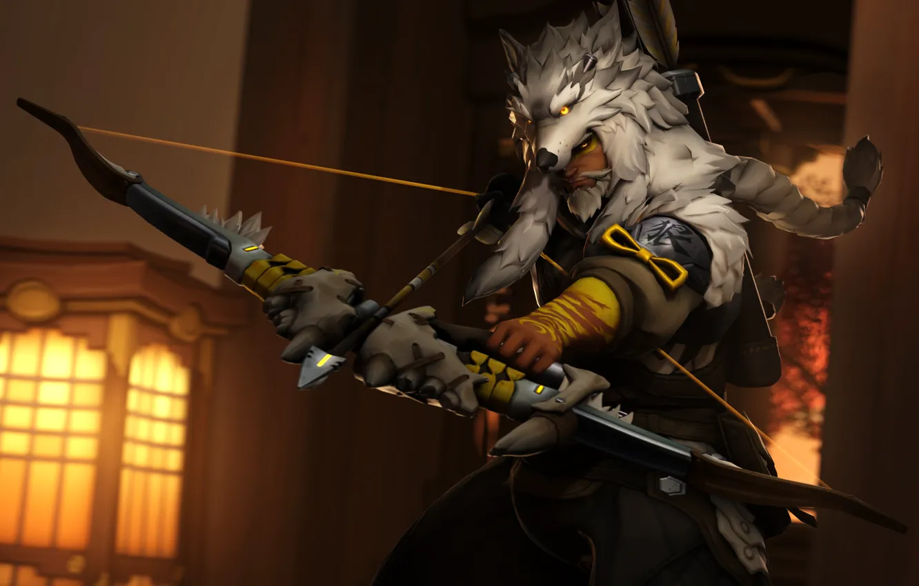 Фото обои волк, лук, костюм, стрелы, лучник, Overwatch, hanzo, Hanzo Shimada