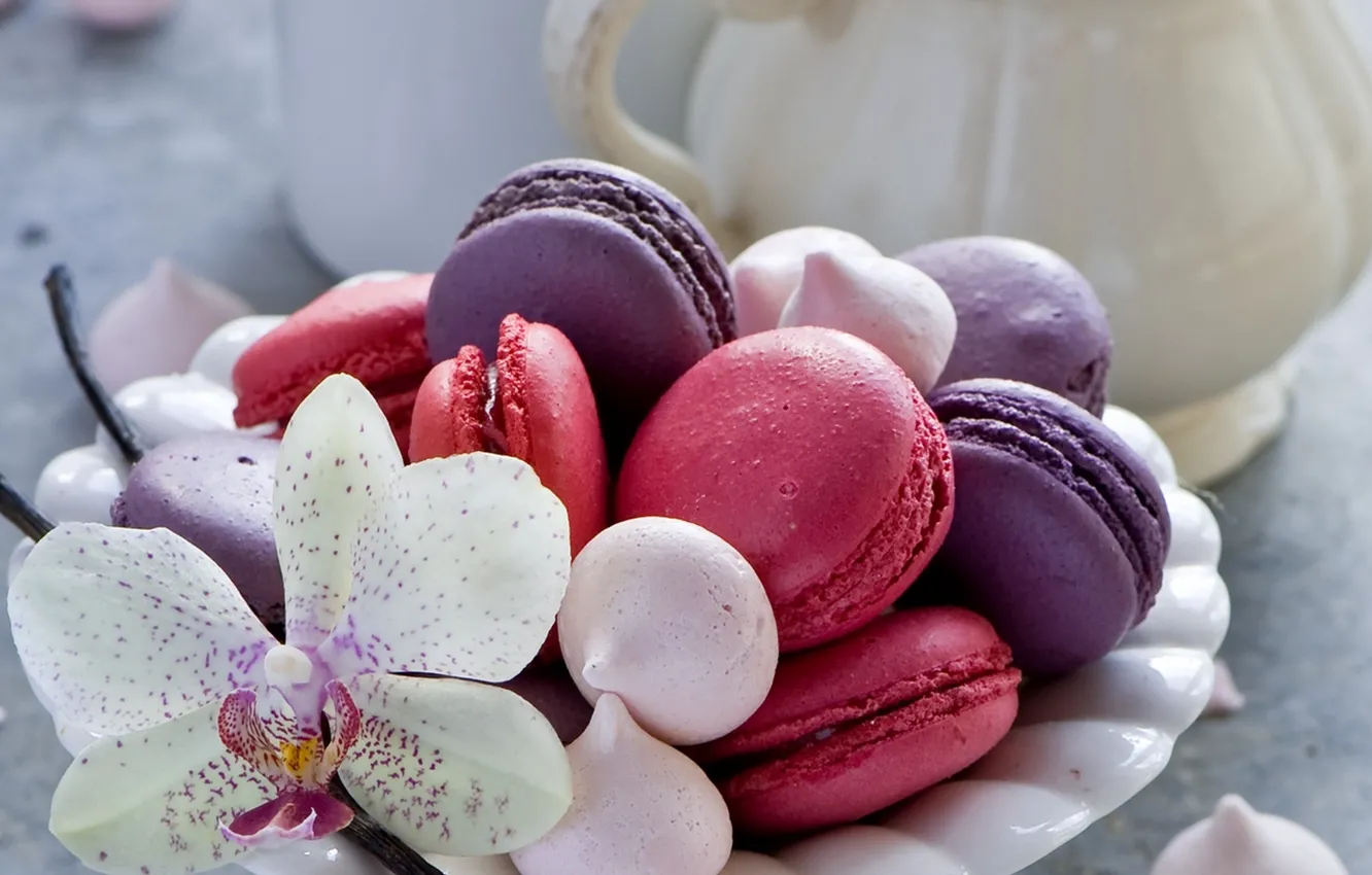 Фото обои печенье, тарелка, десерт, орхидея, Anna Verdina, macaron