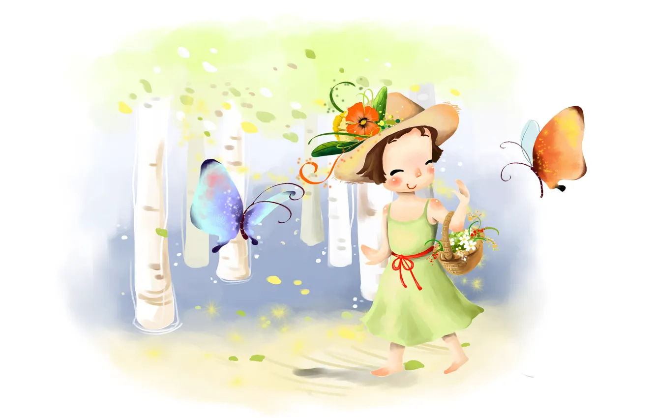 Фото обои цветы, улыбка, бабочка, рисунок, шляпа, платье, девочка, корзинка