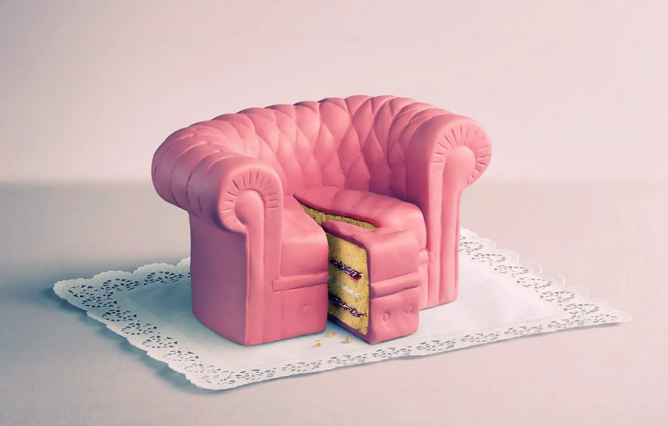 Фото обои диван, розовый, торт, кусок, салфетка, пироженое