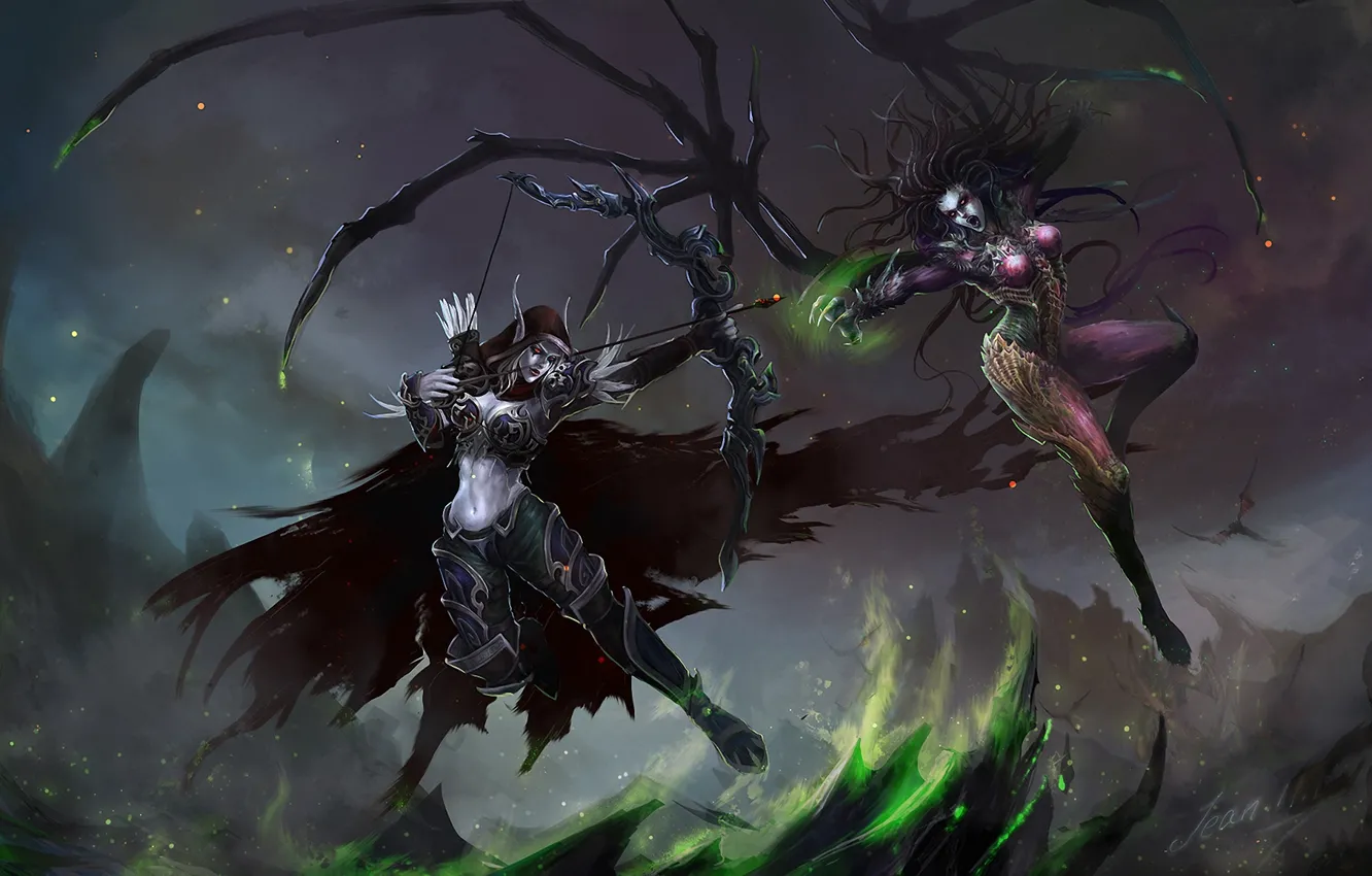 Фото обои оружие, девушки, скалы, крылья, лук, арт, starcraft, World of Warcraft