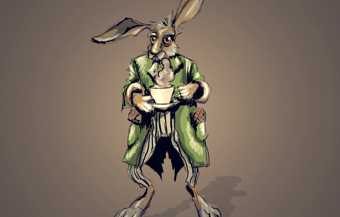 Фото обои заяц, кролик, чашка, пиджак, алиса в стране чудес