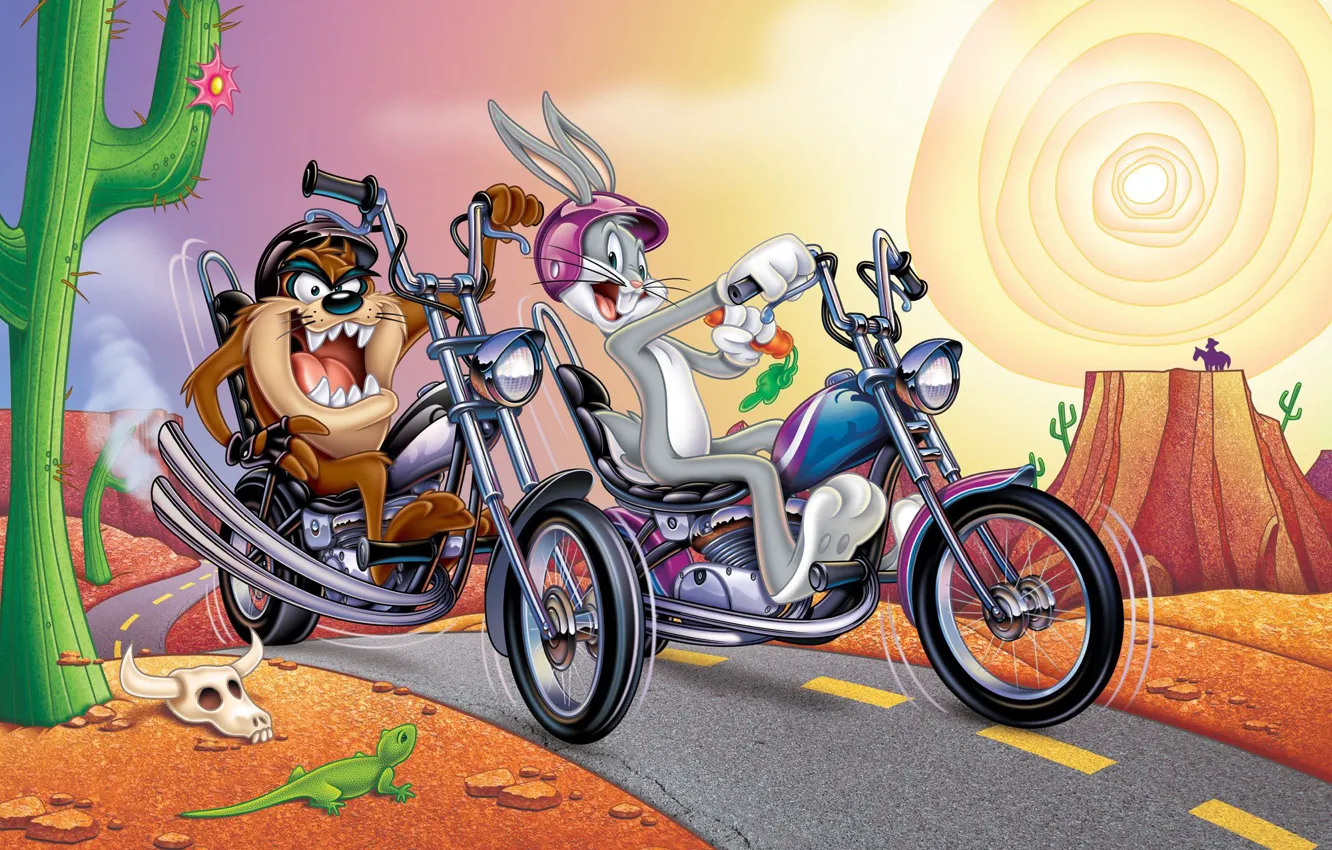Фото обои Кролик, Мотоцикл, Мультфильм, Taz, Тасманский дьявол, Looney Tunes, Багз Банни, Bugs Bunny