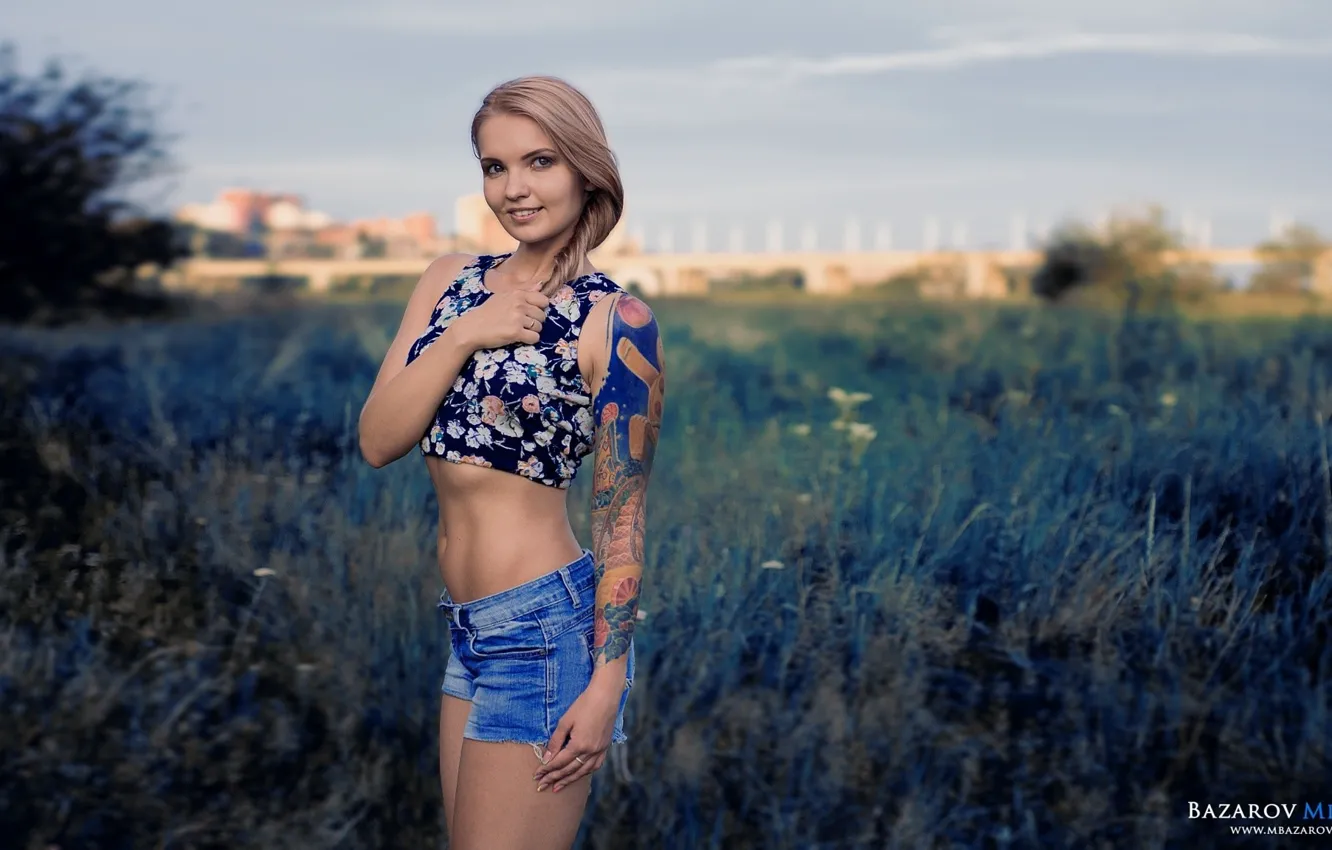 Фото обои Model, Tattoo, Pose, Shorts, Mikhail Bazarov, Woman Outside