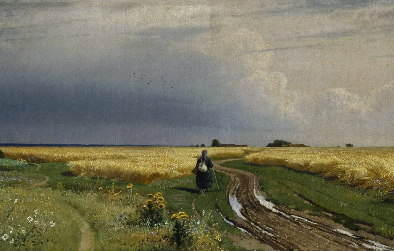 Фото обои дорога, поле, цветы, птицы, тучи, травы, Шишкин, 1866