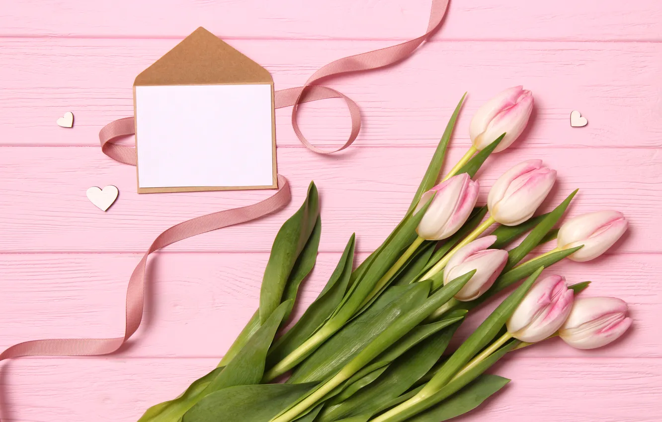 Фото обои цветы, подарок, букет, тюльпаны, розовые, wood, pink, flowers