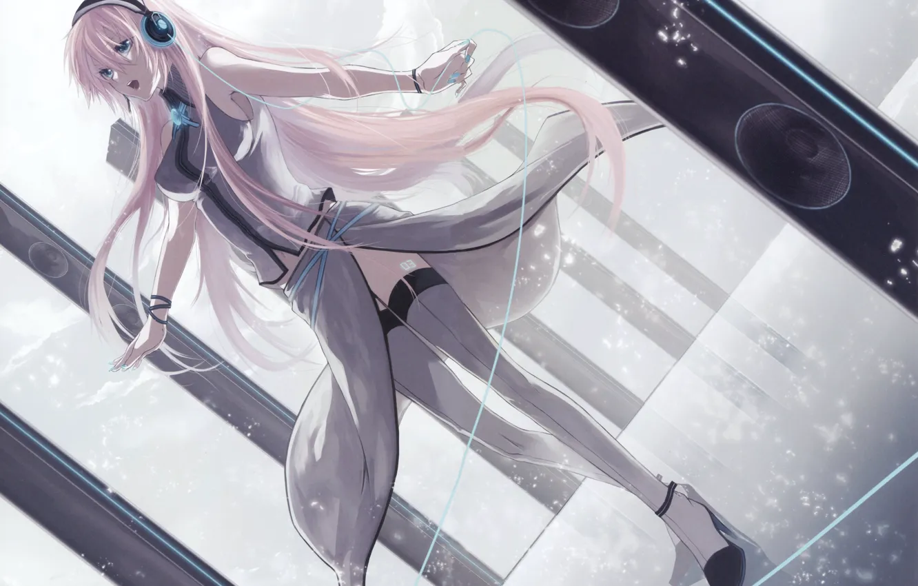 Фото обои провода, арт, вокалоид, наушники, аниме, девушка, тату, megurine luka, vocaloid, чулки, колонки
