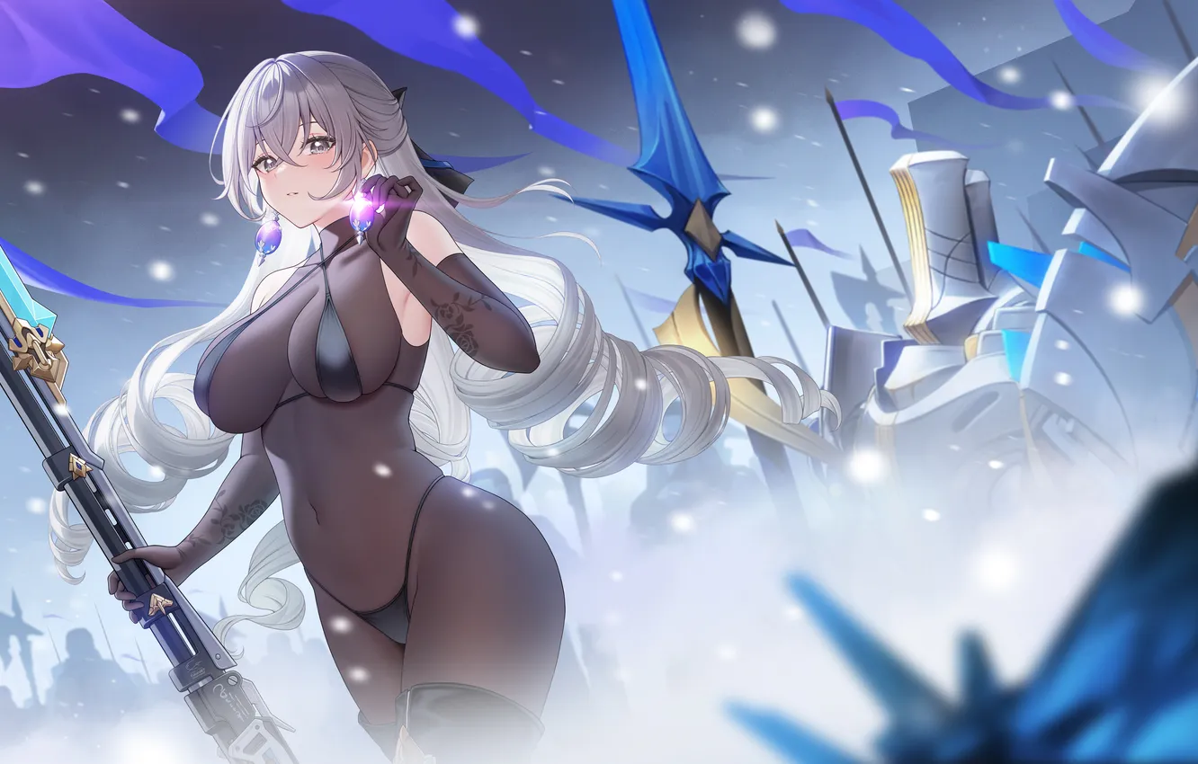 Фото обои armor, long hair, anime, snow, flag, big boobs, standing, anime girls