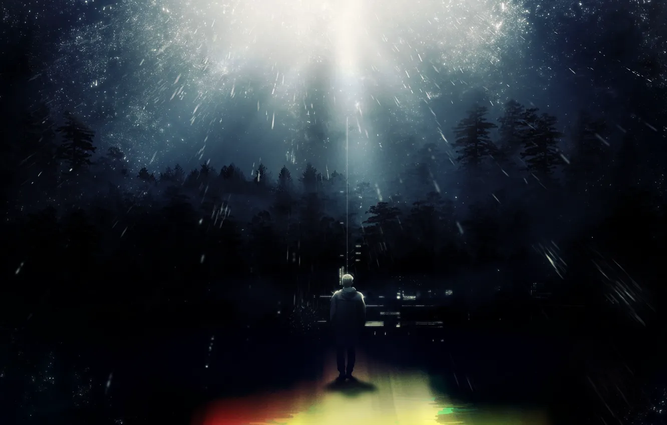 Фото обои свет, деревья, ночь, фантастика, дождь, мужчина, by Y_Y