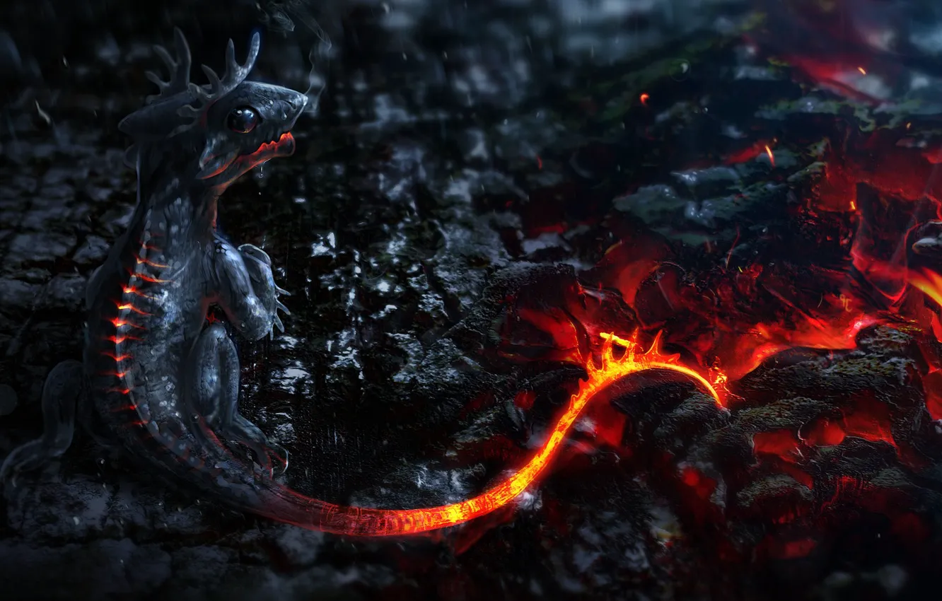 Фото обои огонь, вулкан, fire, fantasy, дракончик, volcano, little dragon