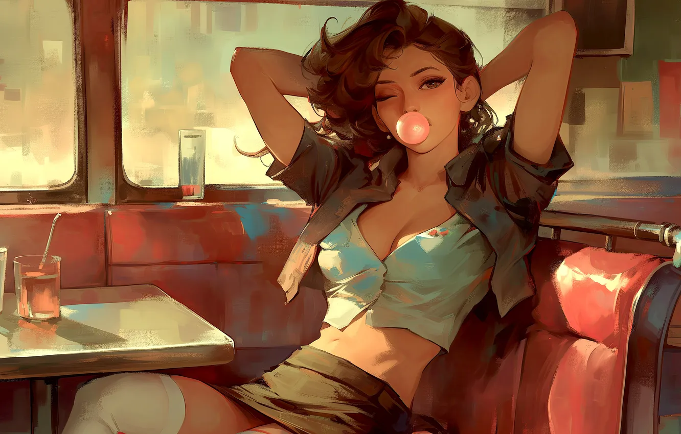 Фото обои Girl, cleavage, brown eyes, brunette, drink, digital art, artwork, table