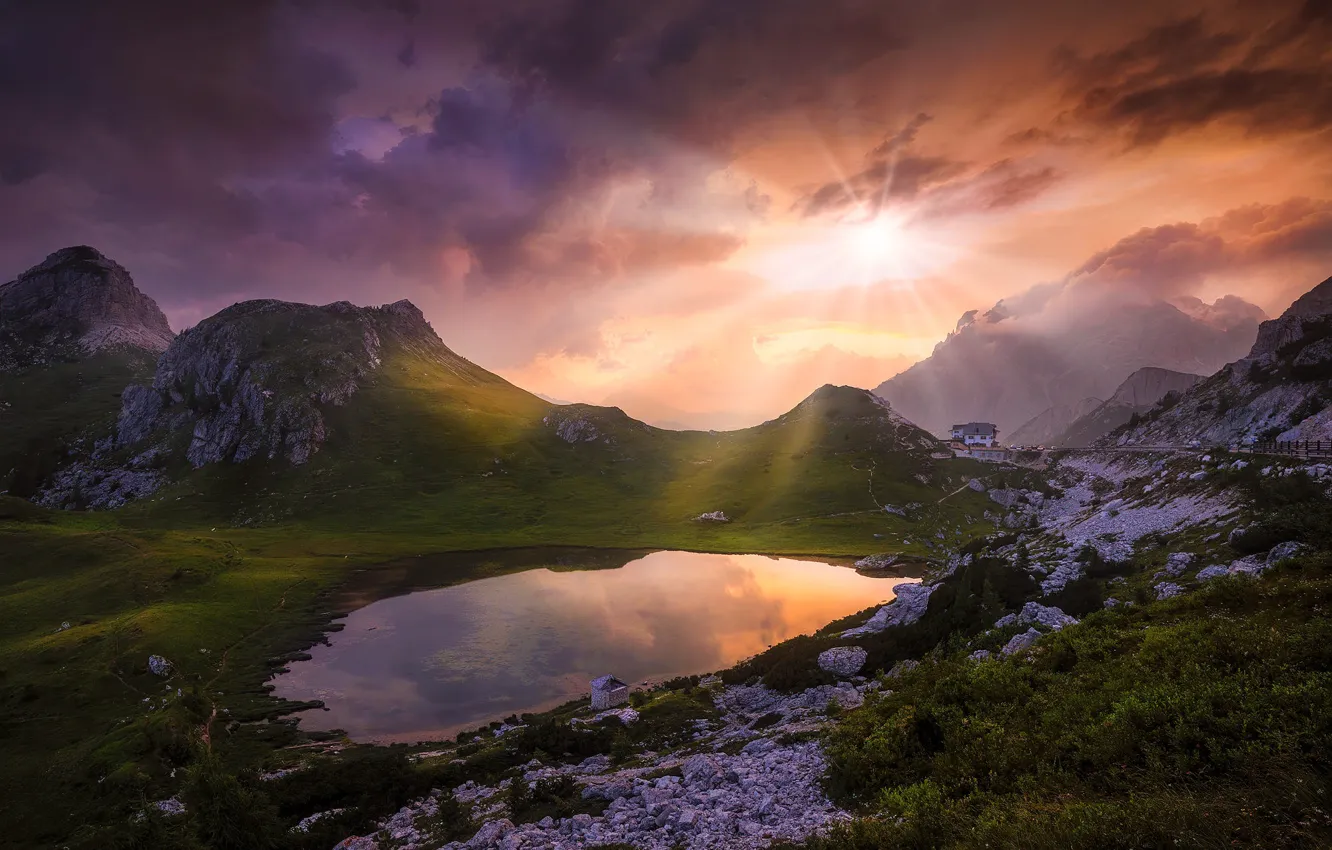 Фото обои солнце, горы, озеро