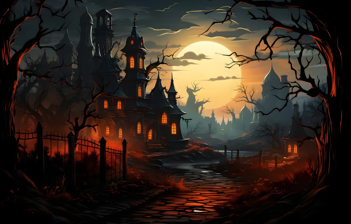 Фото обои Облака, Дома, Дорога, Огни, Ночь, Деревья, Луна, Halloween