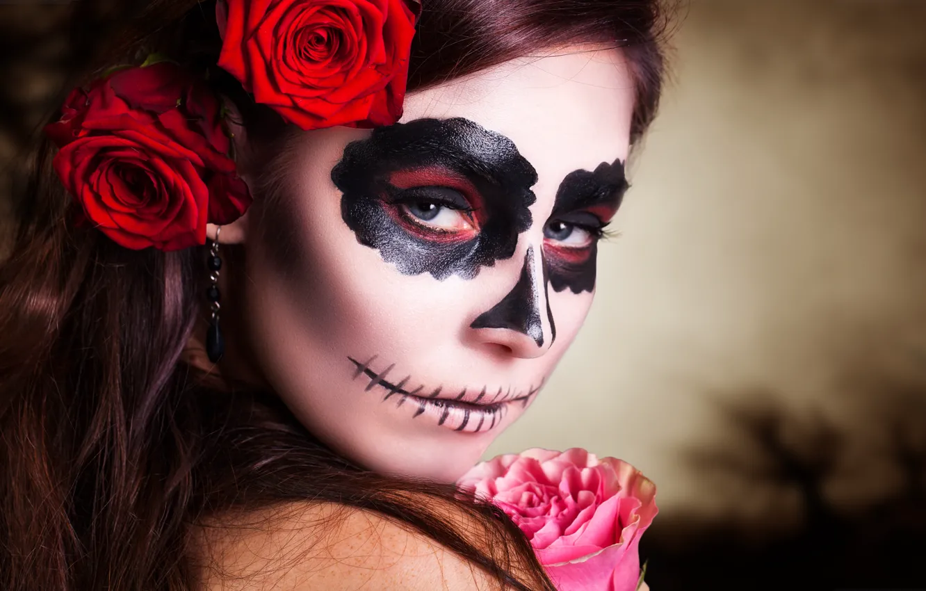 Фото обои pink, look, makeup, day of the dead