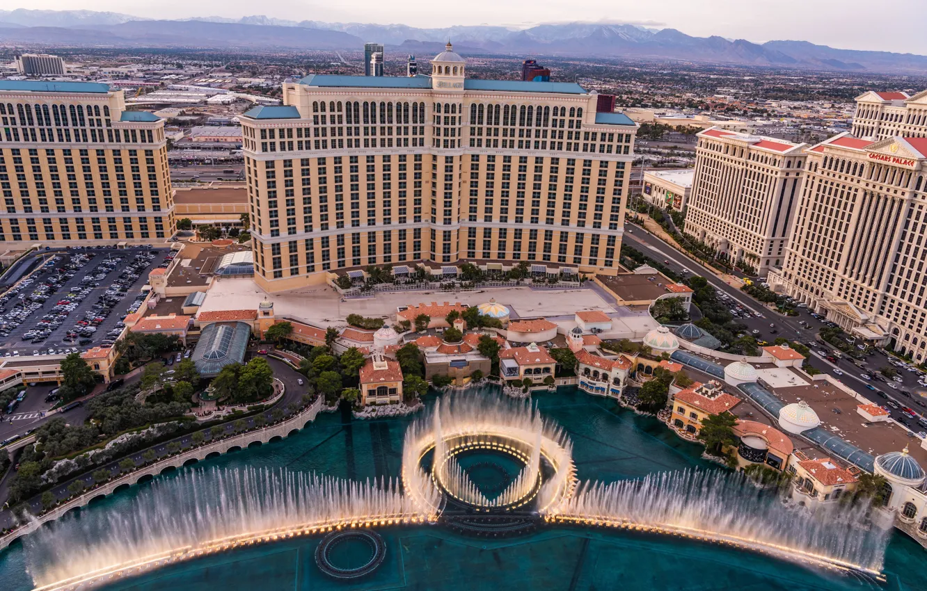 Фото обои фото, Дома, Город, Лас-Вегас, Сверху, США, Фонтаны, Bellagio